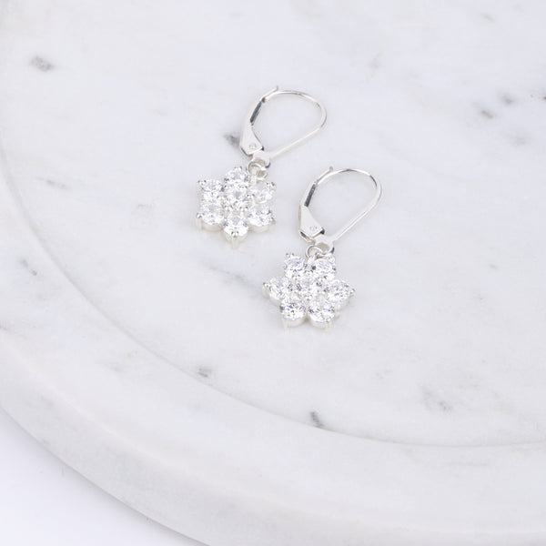 Silver CZ Flower Dangle Earrings