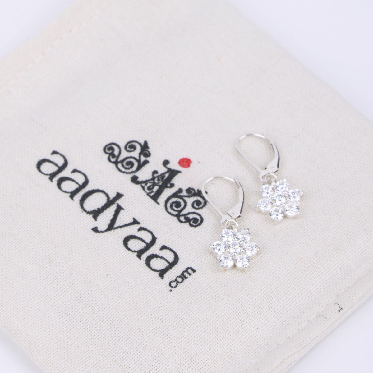 Silver CZ Flower Dangle Earrings