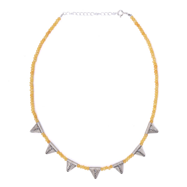 Silver Triangle Charm Necklace with Yellow Jade