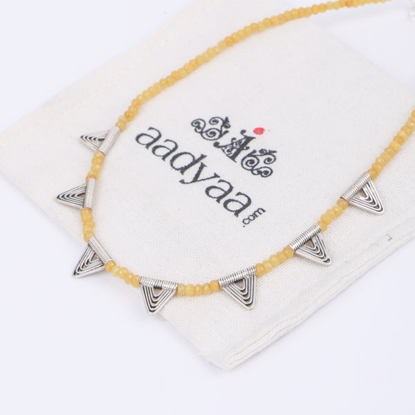 Silver Triangle Charm Necklace with Yellow Jade