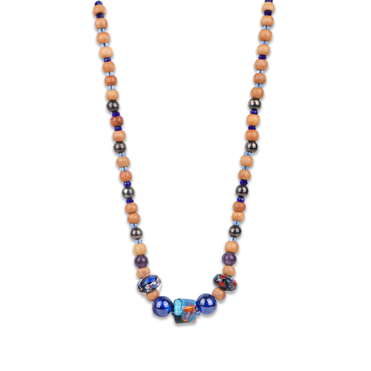 Blue Thread Necklace with Wooden & Hand-Painted Beads
