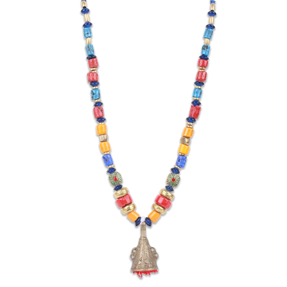 Glass Beaded Necklace with Brass Pendant from Arunachal & Afghan Inlay Beads