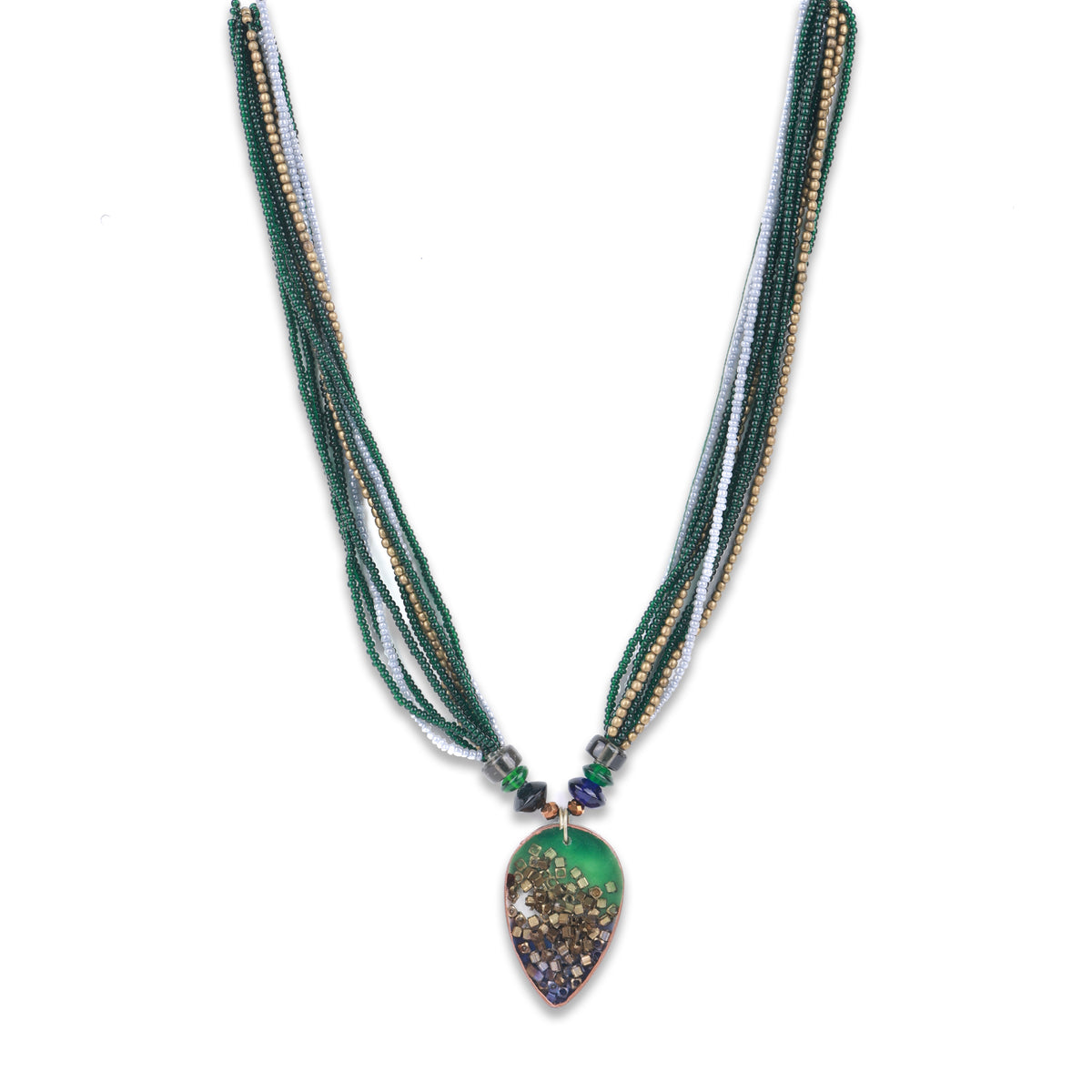 Green Drop-Shaped Resin Art & Pearl Multilayer Necklace