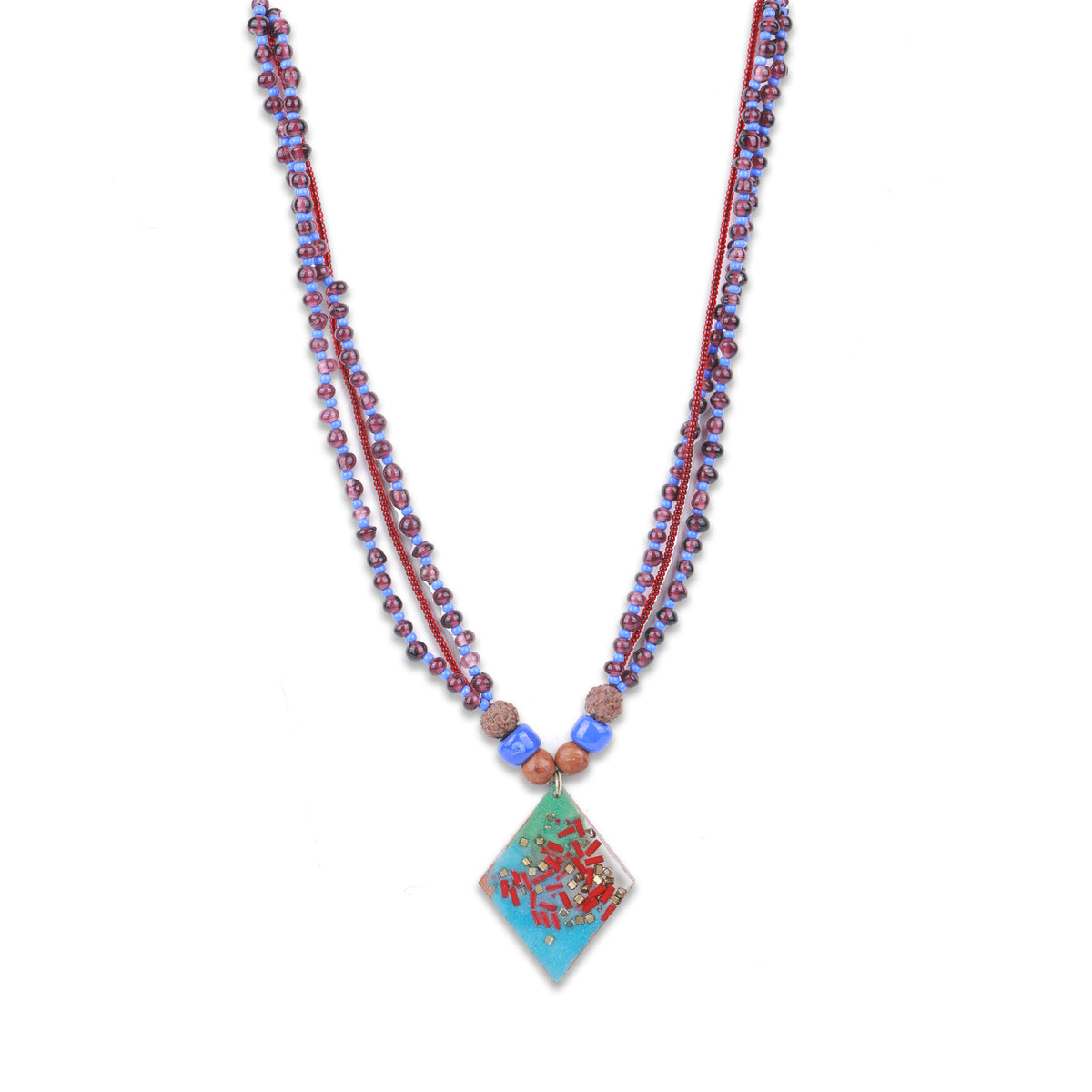 Resin Art Pendant Necklace with Blue & Maroon Glass Beads