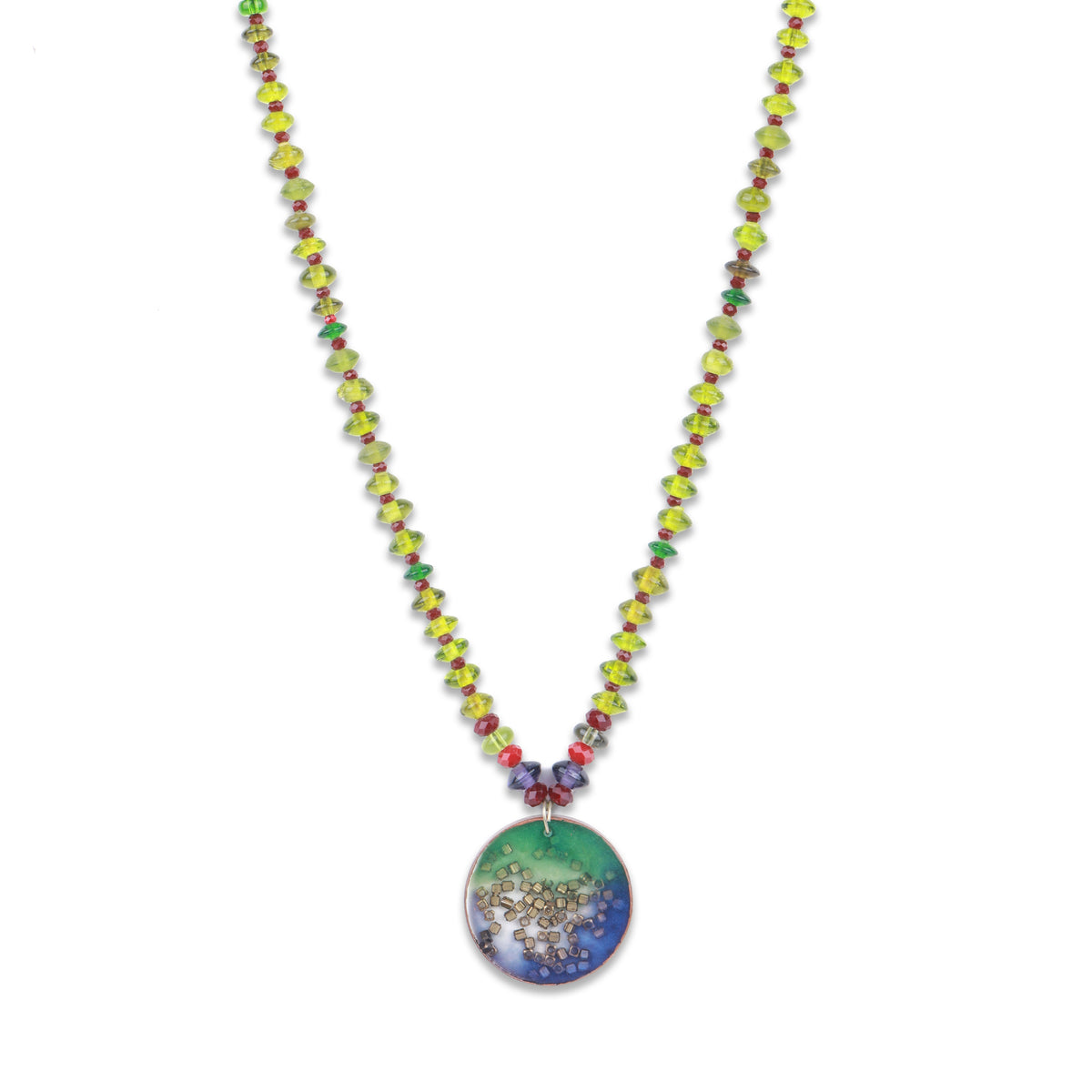 Resin Art Pendant Necklace with Green & Maroon Glass Beads
