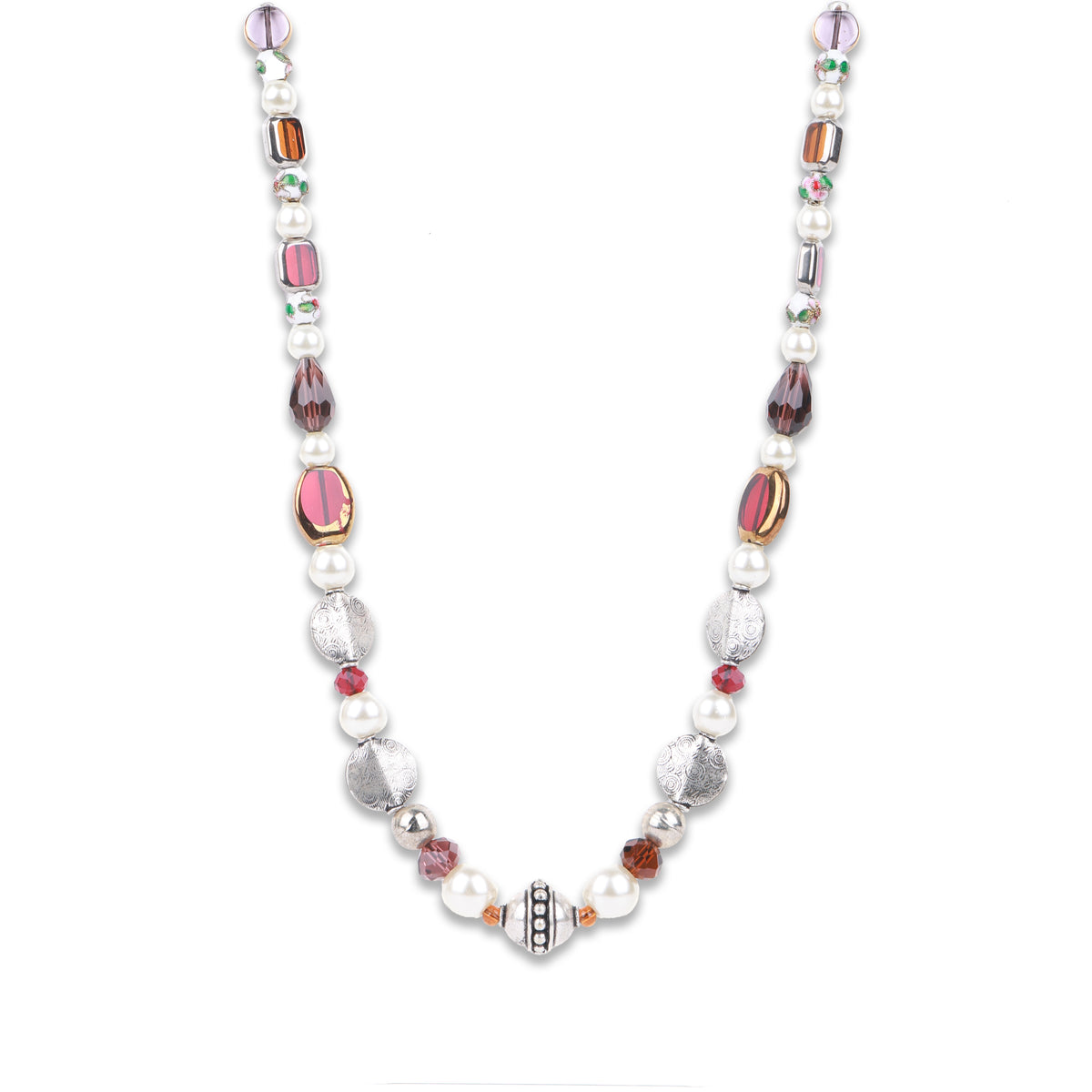 German Silver Melon Bead Necklace with Pearl & Glass Beads