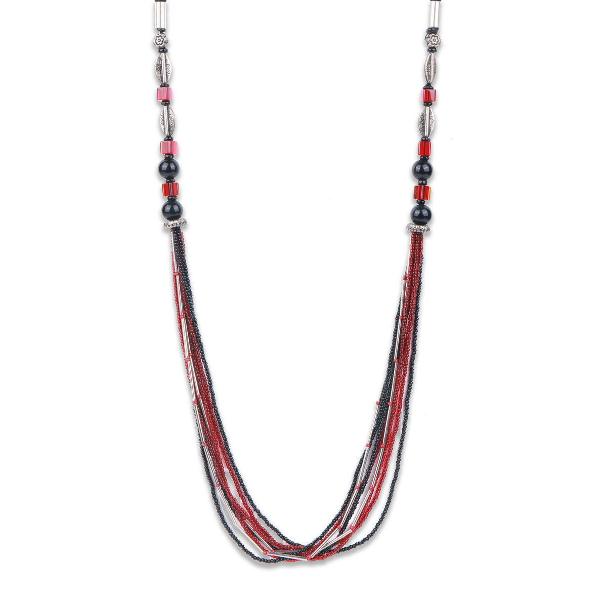 German Silver Pipe Necklace with Red & Black Multistrand