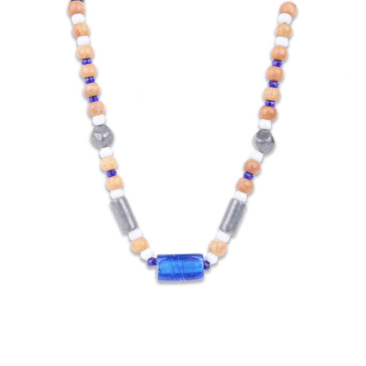 Blue Glass Bead Necklace with Wooden & White Stone Beads