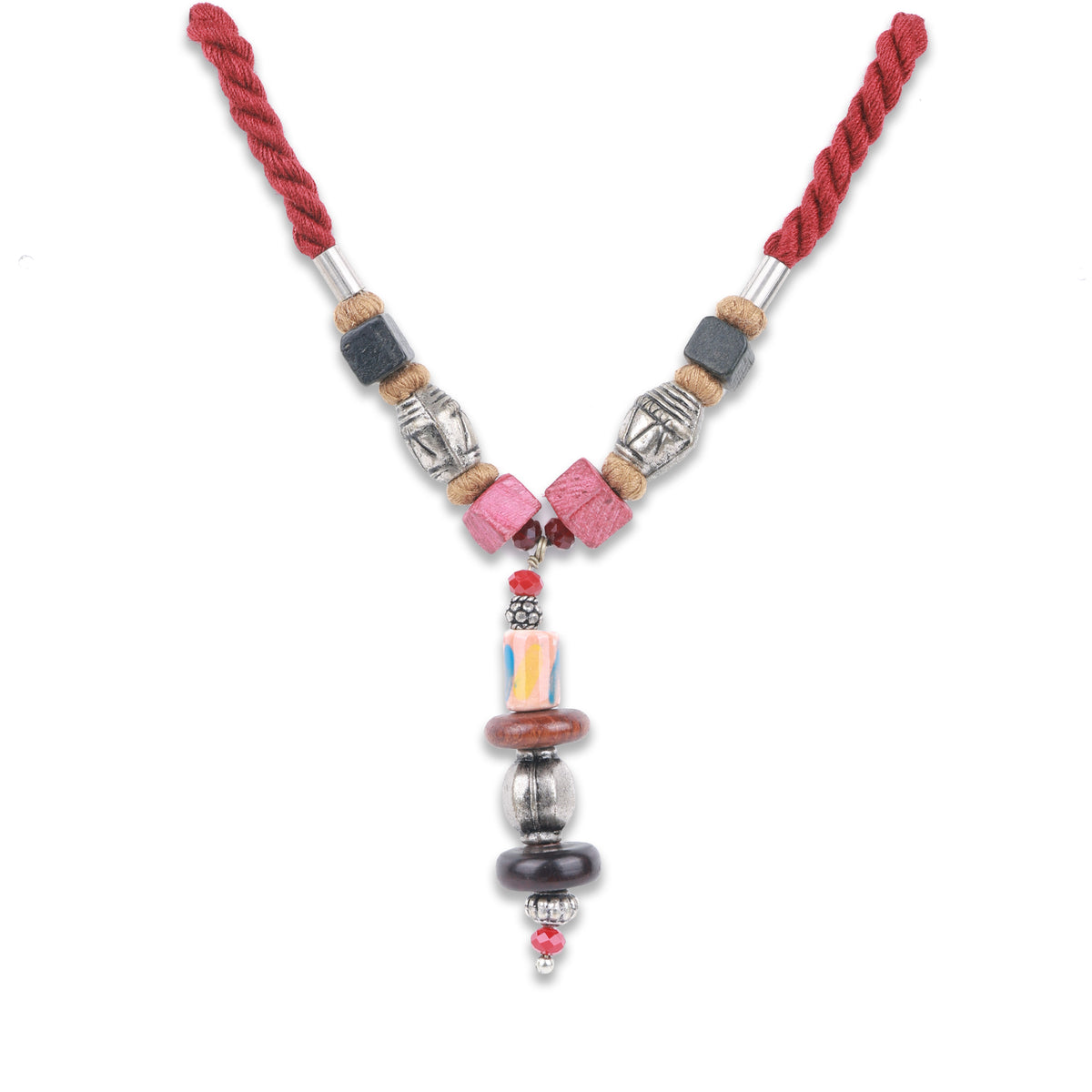 Maroon Dori Necklace with German Silver & Wooden Beads