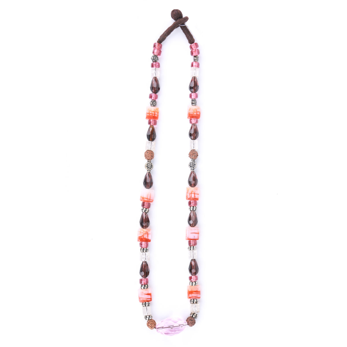 Pink Agate Necklace with Rudraksha & Glass Beads