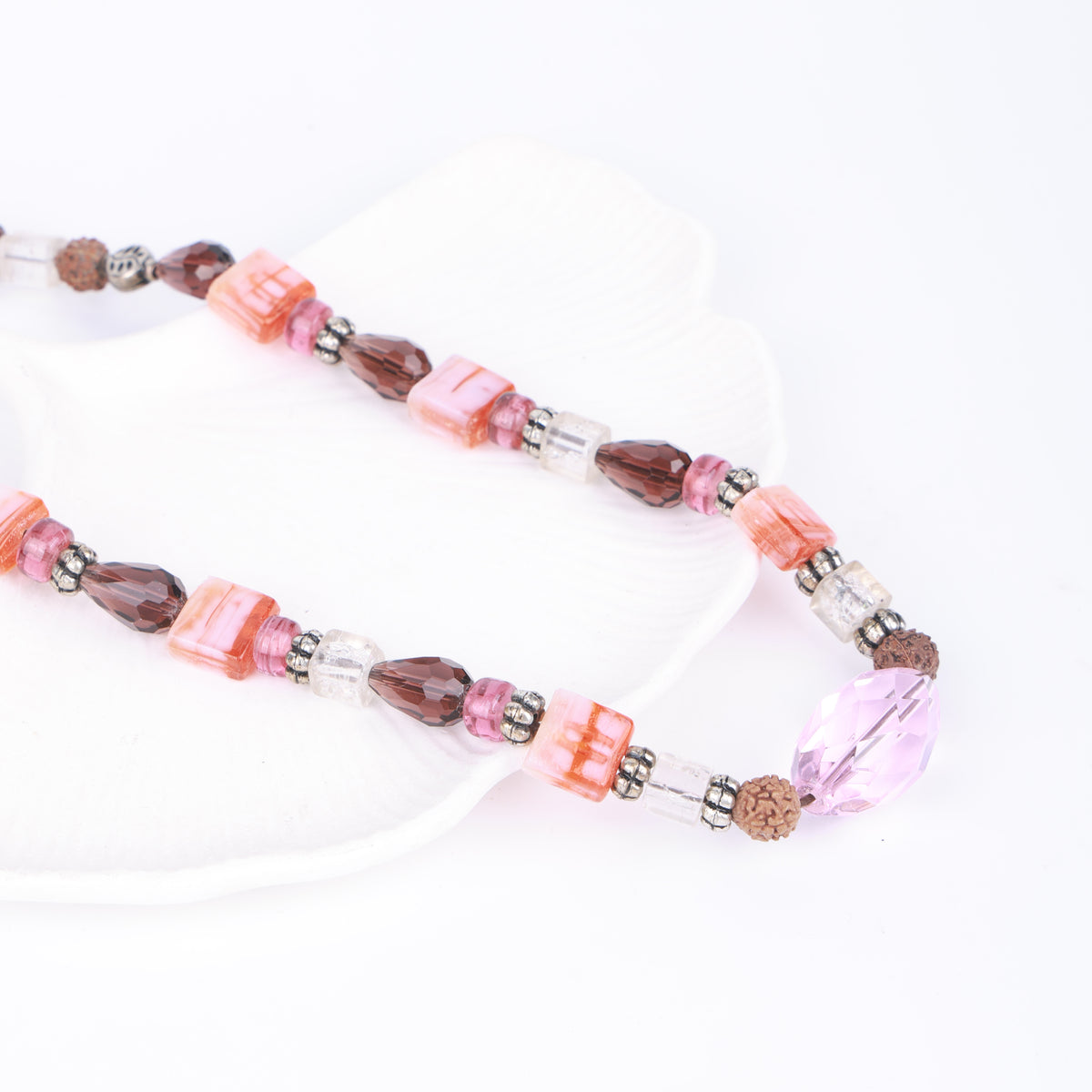 Pink Agate Necklace with Rudraksha & Glass Beads