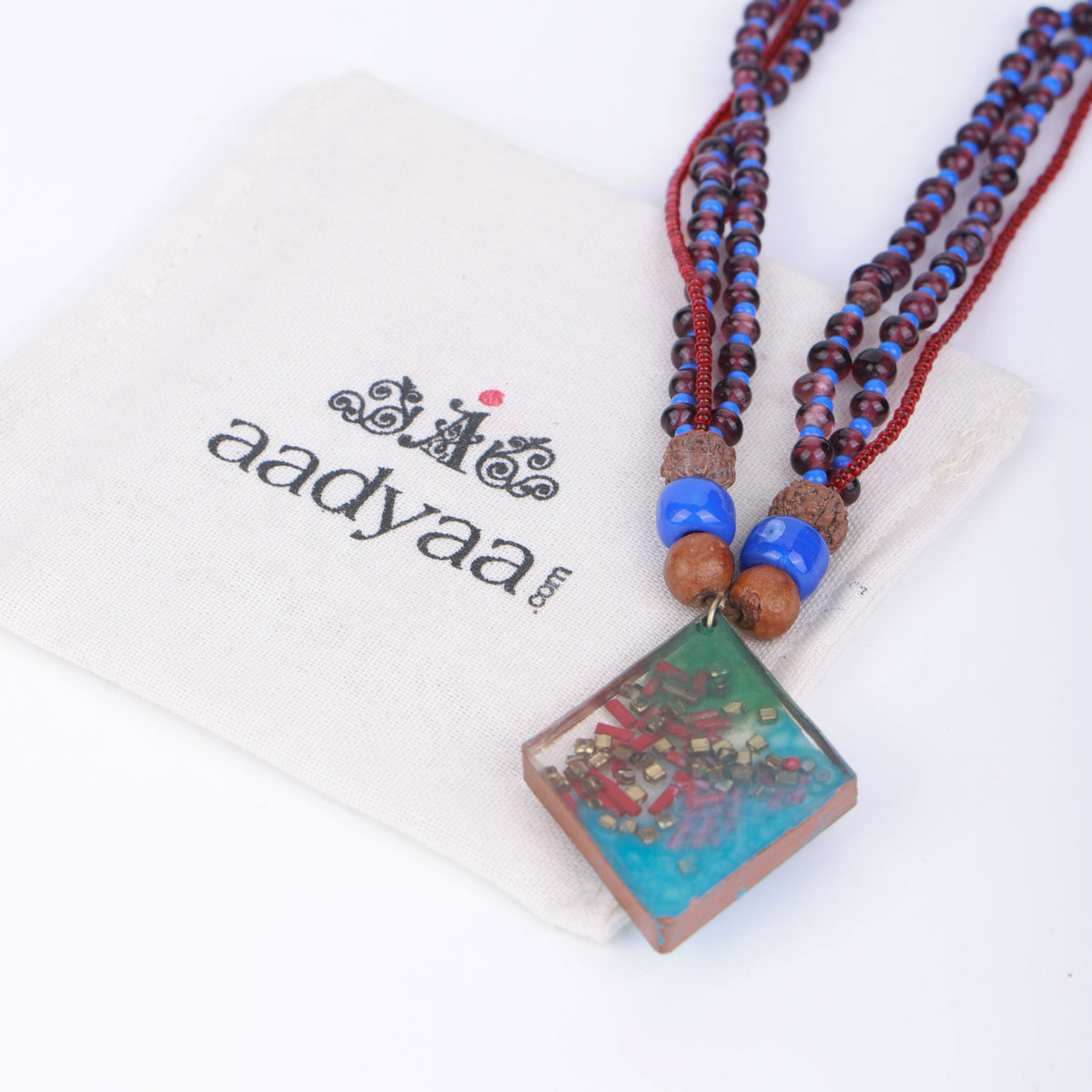 Resin Art Pendant Necklace with Blue & Maroon Glass Beads