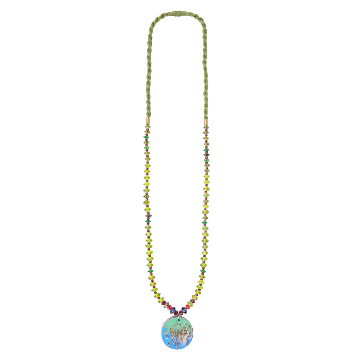 Resin Art Pendant Necklace with Green & Maroon Glass Beads