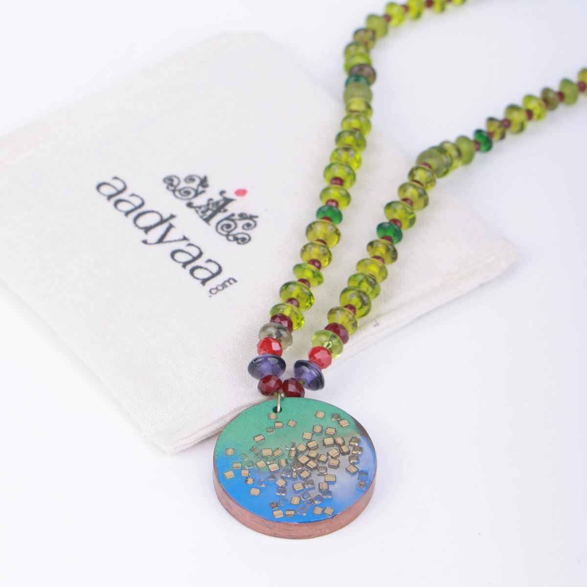 Resin Art Pendant Necklace with Green & Maroon Glass Beads