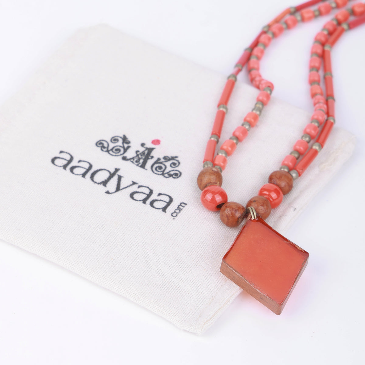 Orange Resin Art Necklace with Coral & Wooden Beads
