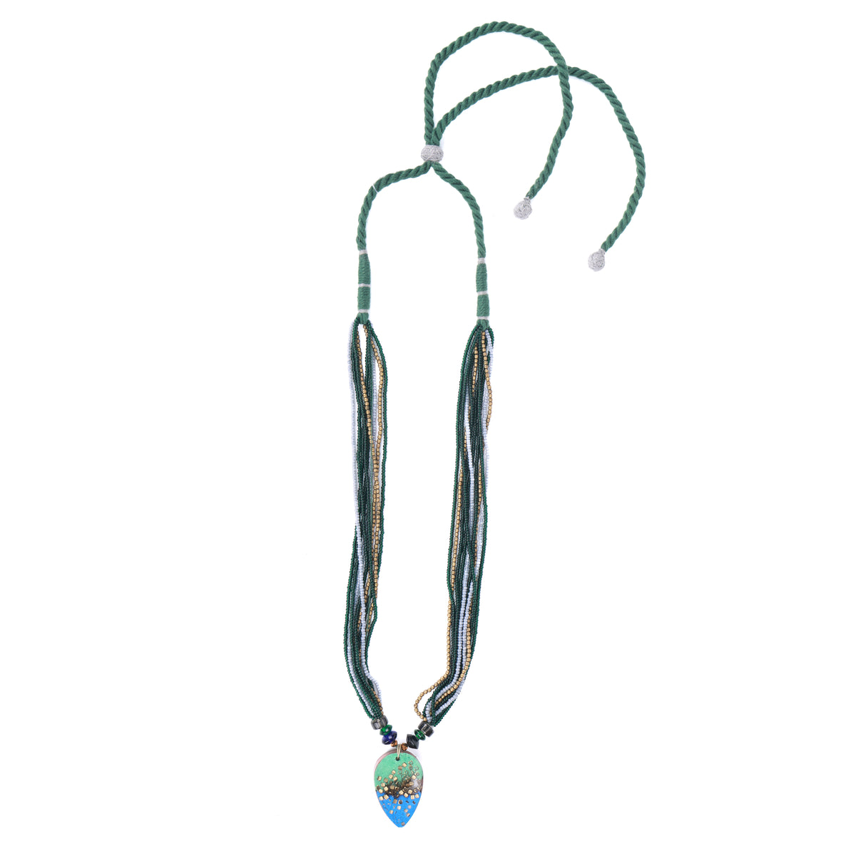 Green Drop-Shaped Resin Art & Pearl Multilayer Necklace