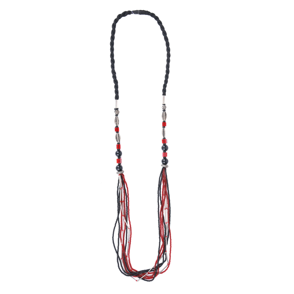 German Silver Pipe Necklace with Red & Black Multistrand