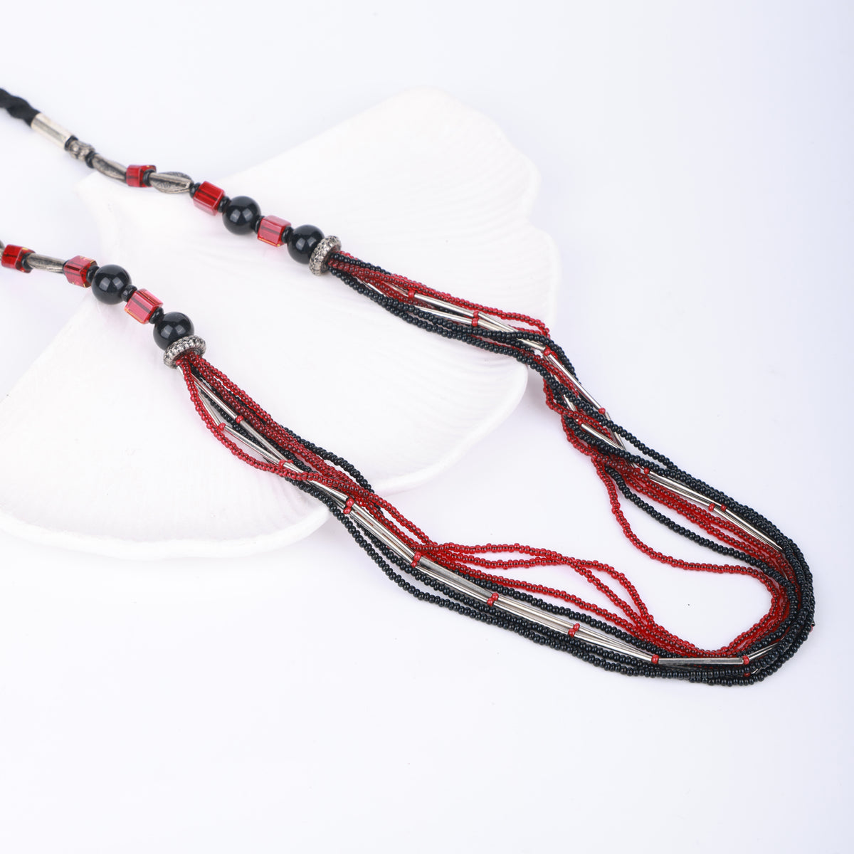 German Silver Pipe Necklace with Red & Black Multistrand