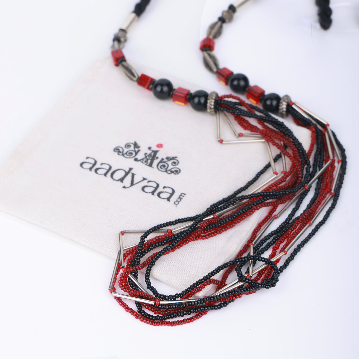 German Silver Pipe Necklace with Red & Black Multistrand