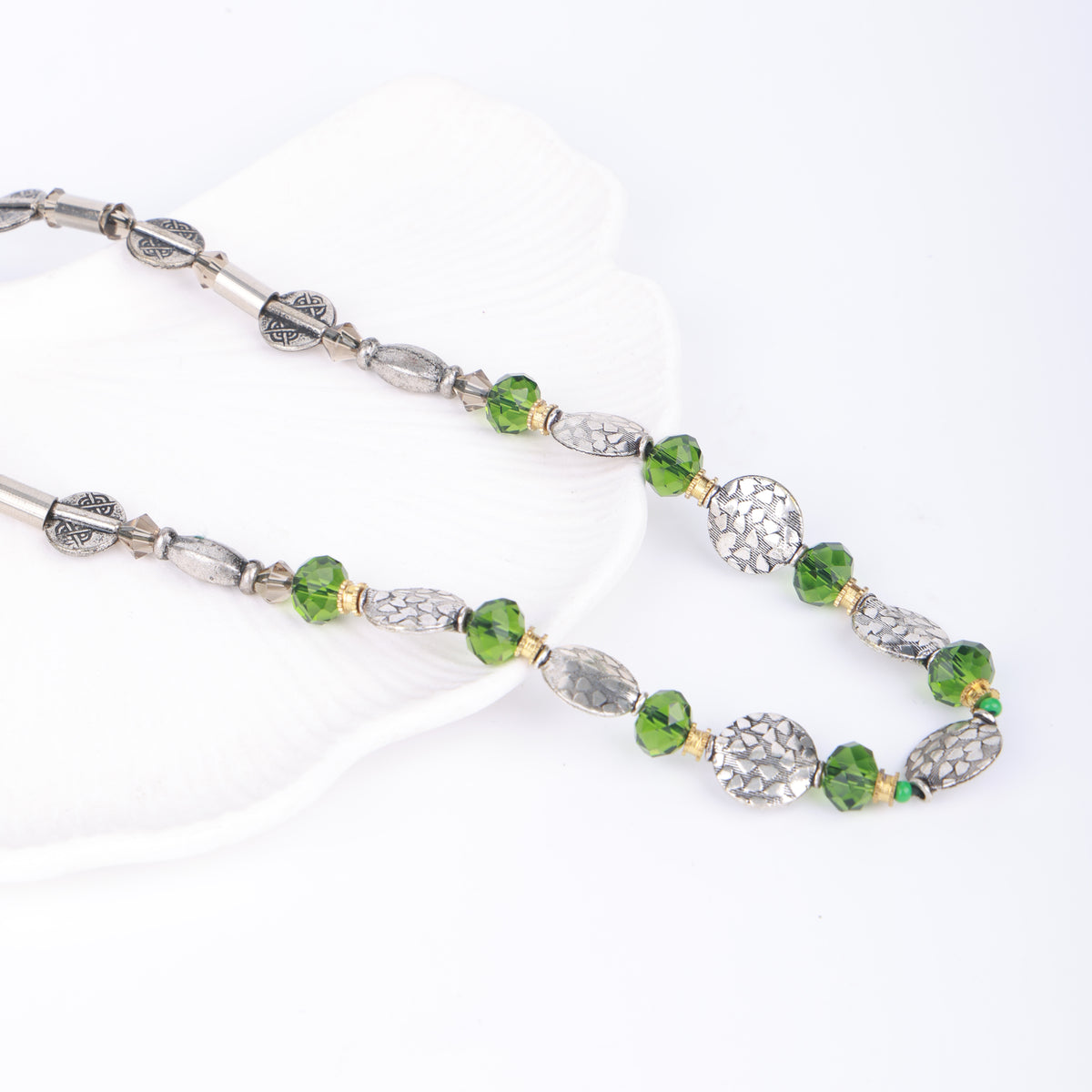 German Silver Necklace with Green & Blue Glass Beads