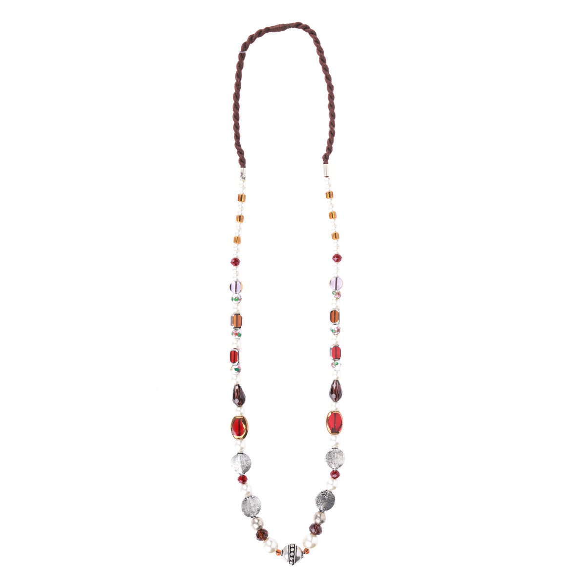 German Silver Melon Bead Necklace with Pearl & Glass Beads