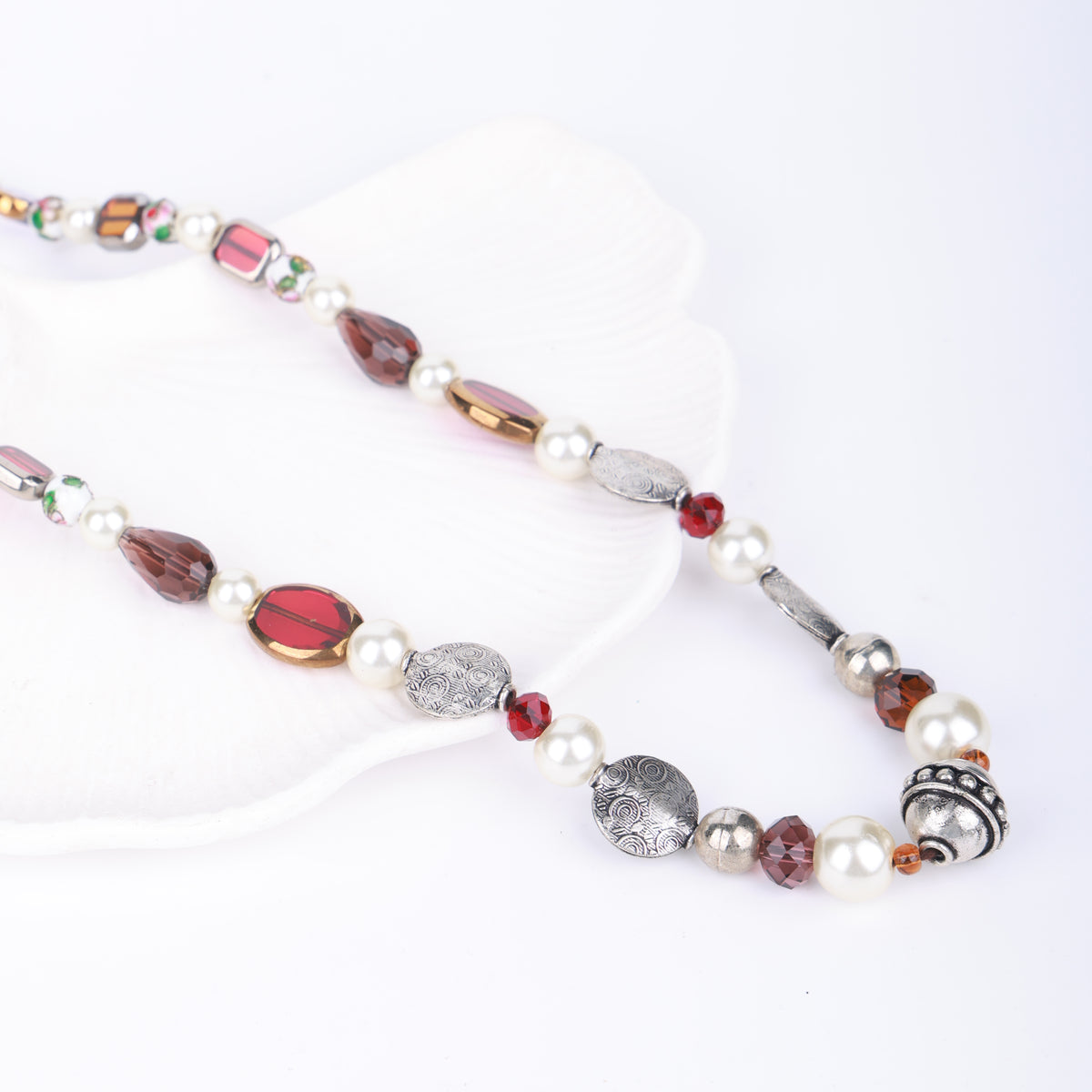 German Silver Melon Bead Necklace with Pearl & Glass Beads