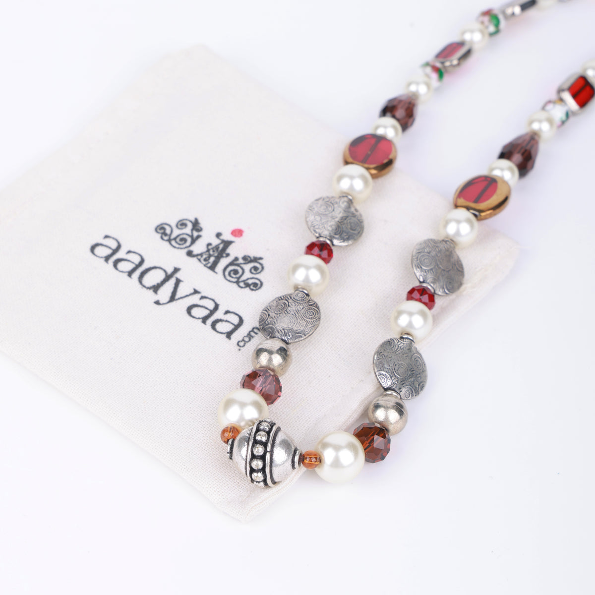 German Silver Melon Bead Necklace with Pearl & Glass Beads