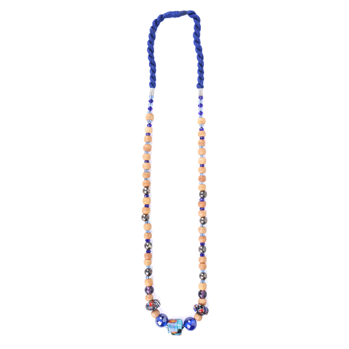 Blue Thread Necklace with Wooden & Hand-Painted Beads
