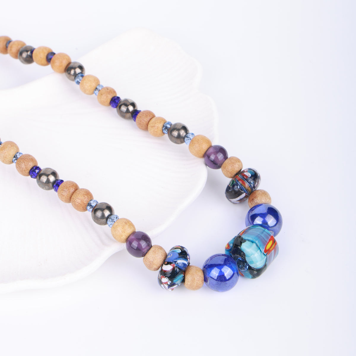 Blue Thread Necklace with Wooden & Hand-Painted Beads