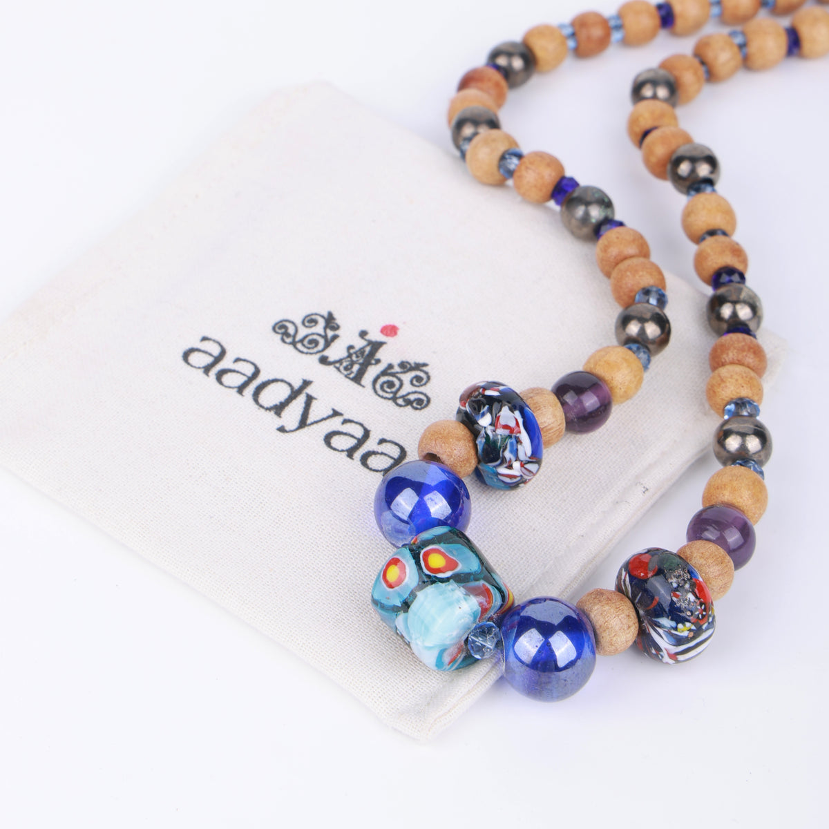 Blue Thread Necklace with Wooden & Hand-Painted Beads