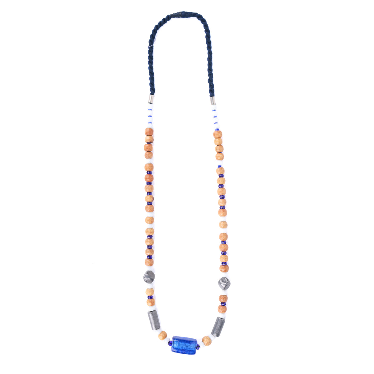 Blue Glass Bead Necklace with Wooden & White Stone Beads