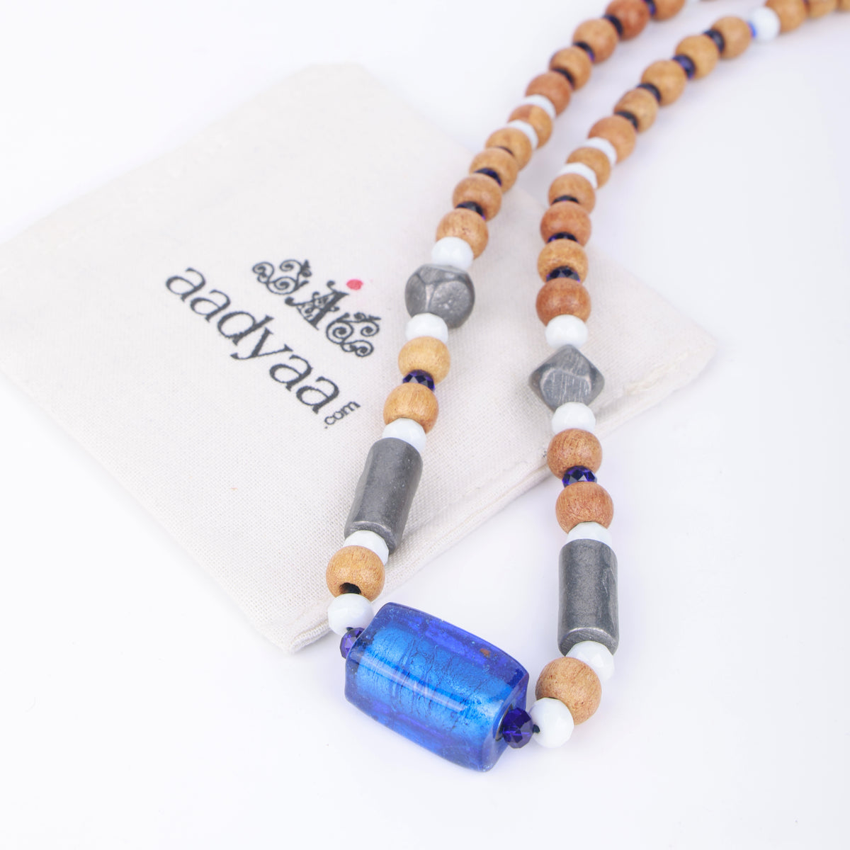 Blue Glass Bead Necklace with Wooden & White Stone Beads