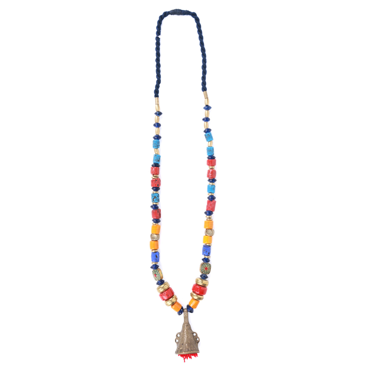 Glass Beaded Necklace with Brass Pendant from Arunachal & Afghan Inlay Beads