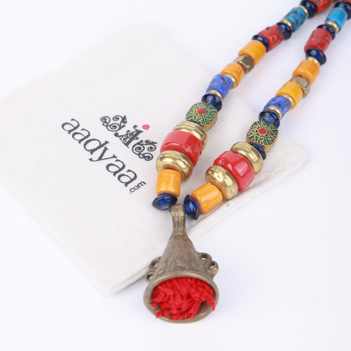 Glass Beaded Necklace with Brass Pendant from Arunachal & Afghan Inlay Beads