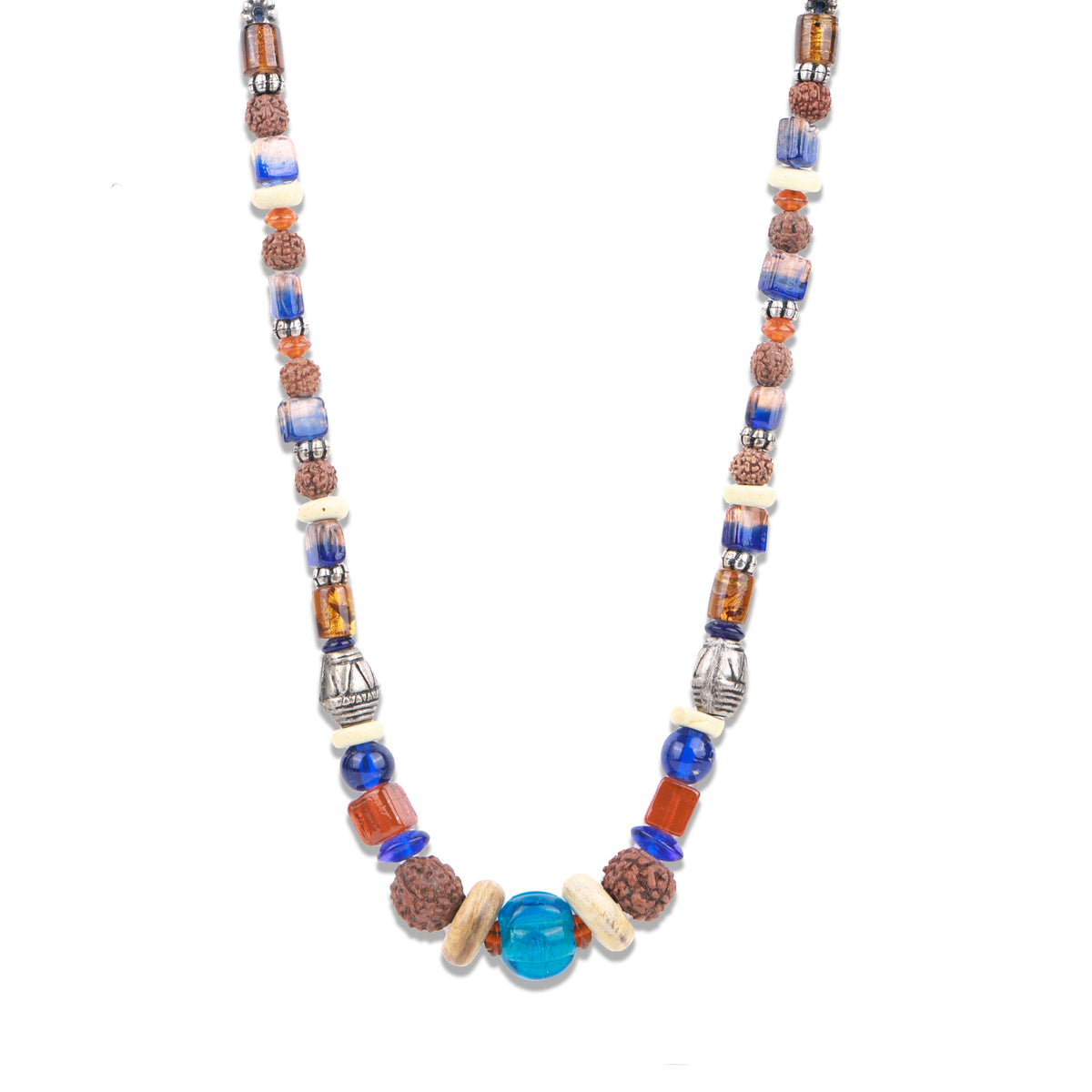 Rudraksha Necklace with German Silver & Glass Beads