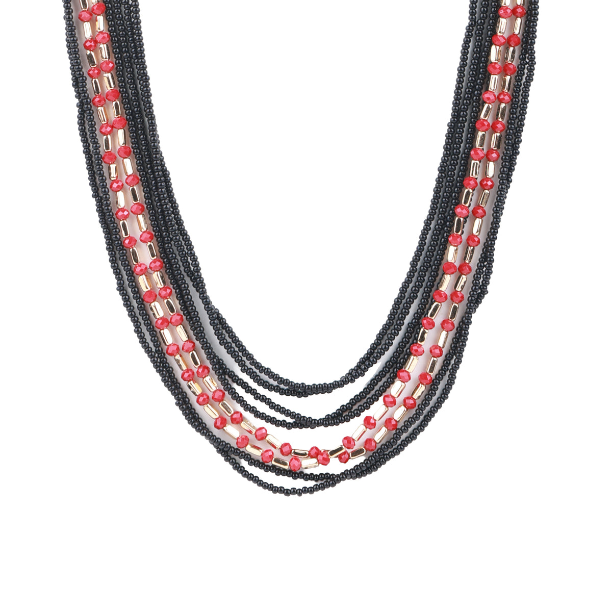 Coral & Black Beaded Multilayer Necklace