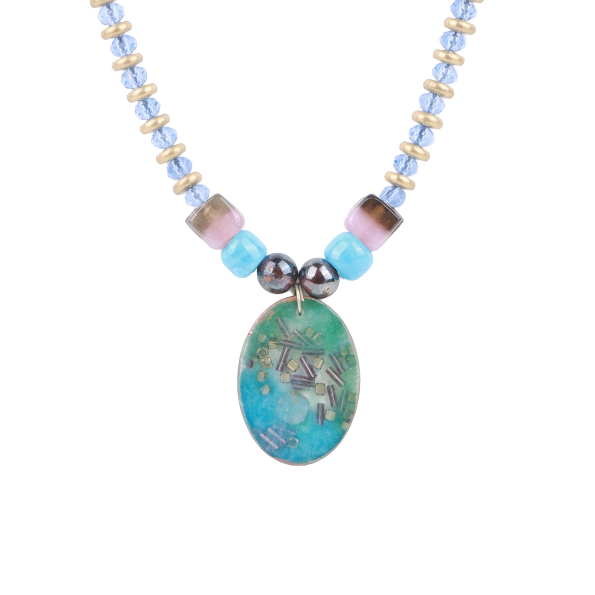 Resin Pendant Necklace with Blue & Copper Beads