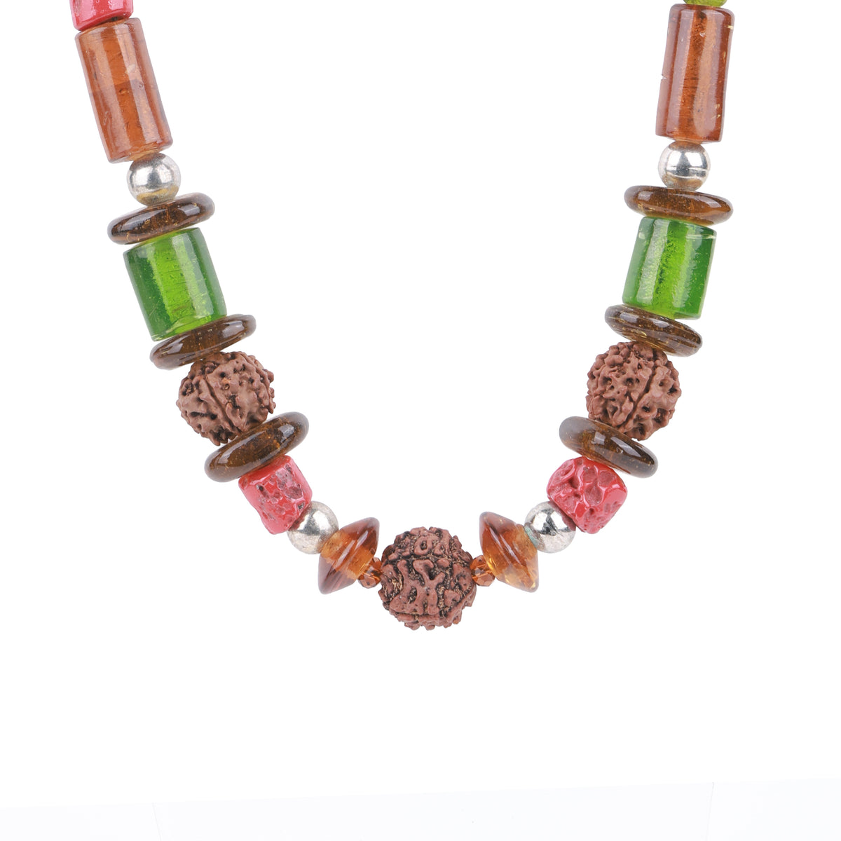Rudraksha Necklace with Coral & Glass Beads