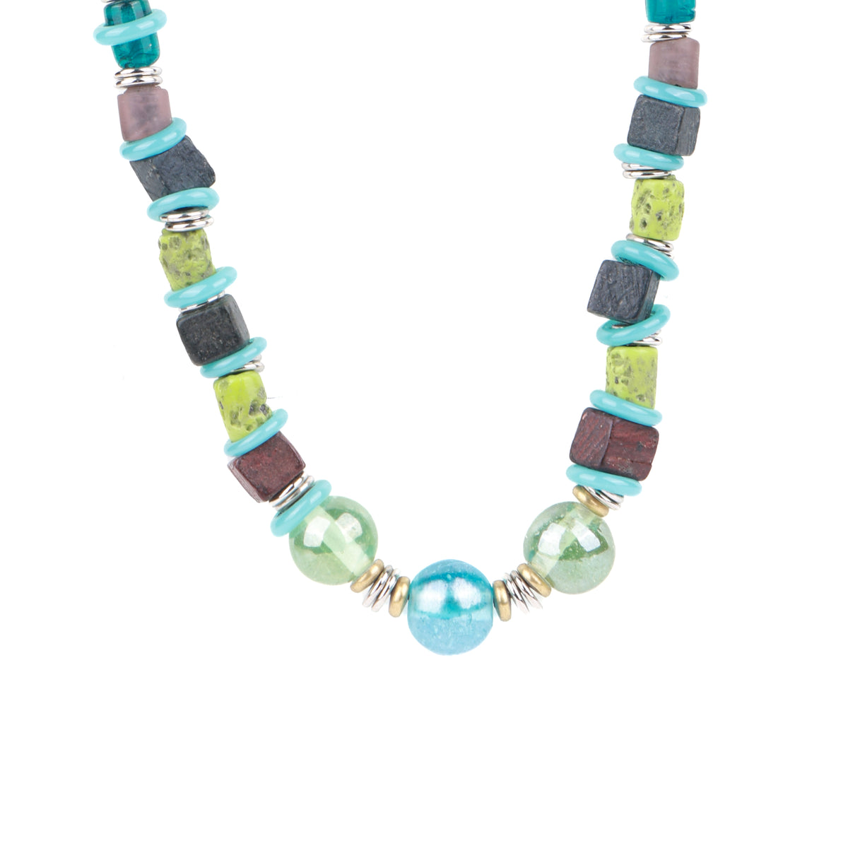 Light Blue & Green Glass Beaded Necklace with Wooden Beads
