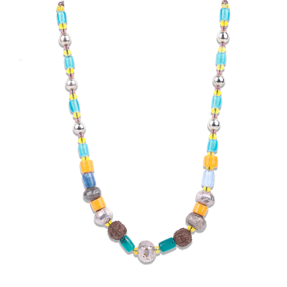 German Silver Necklace with Sea Blue & Yellow Glass Beads