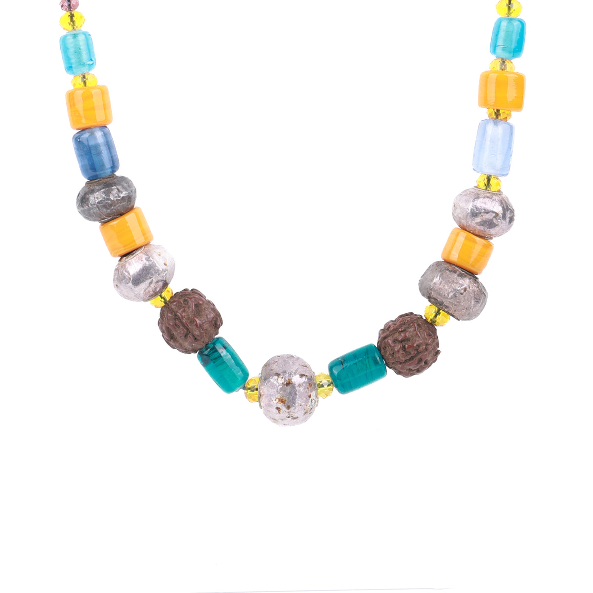 German Silver Necklace with Sea Blue & Yellow Glass Beads