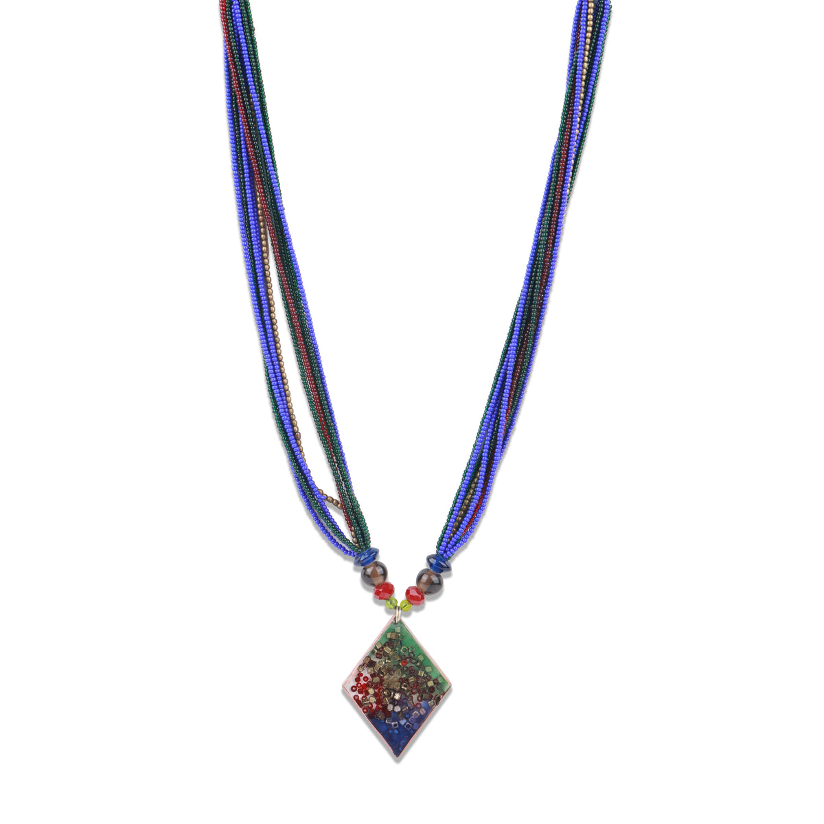 Diamond-Shaped Resin Art Necklace with Blue, Green & Red Glass Beads