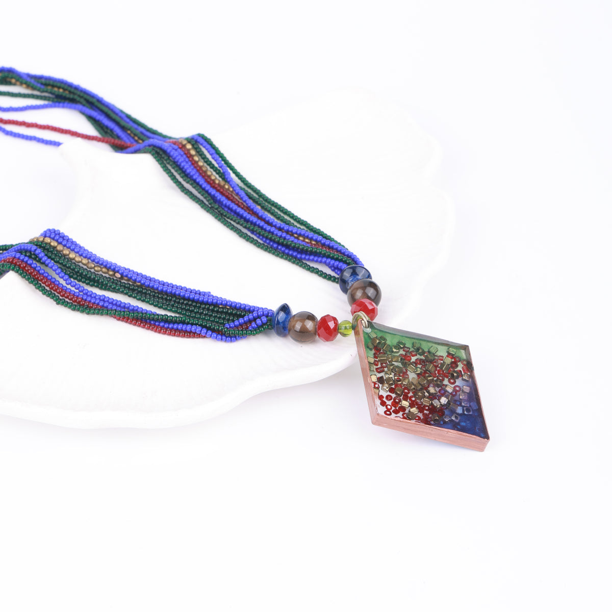 Diamond-Shaped Resin Art Necklace with Blue, Green & Red Glass Beads