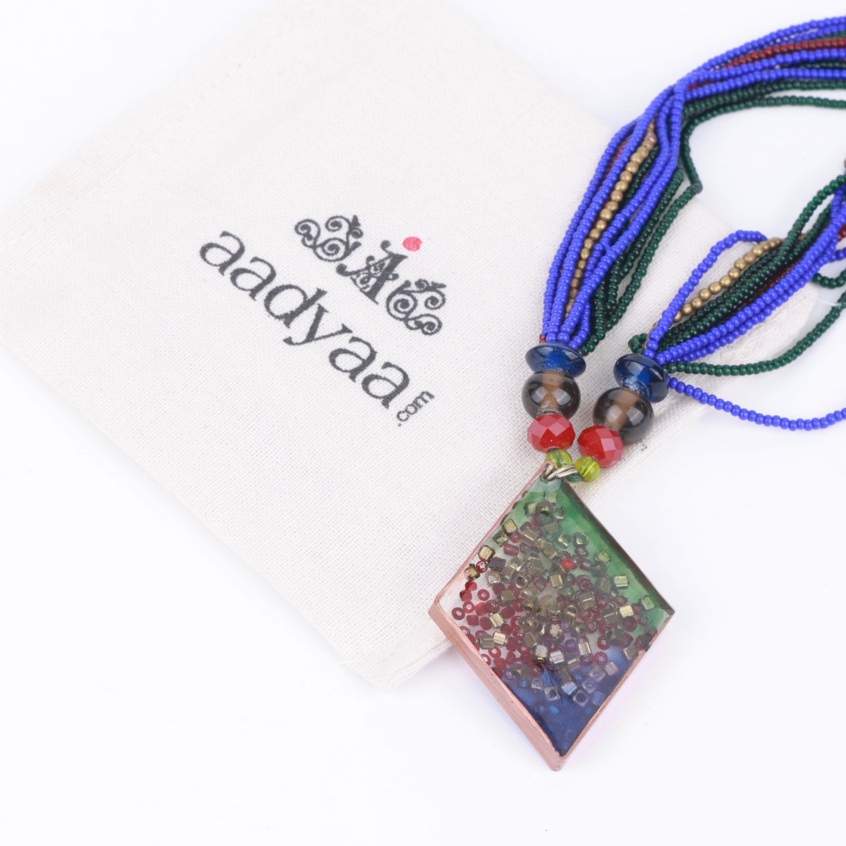Diamond-Shaped Resin Art Necklace with Blue, Green & Red Glass Beads