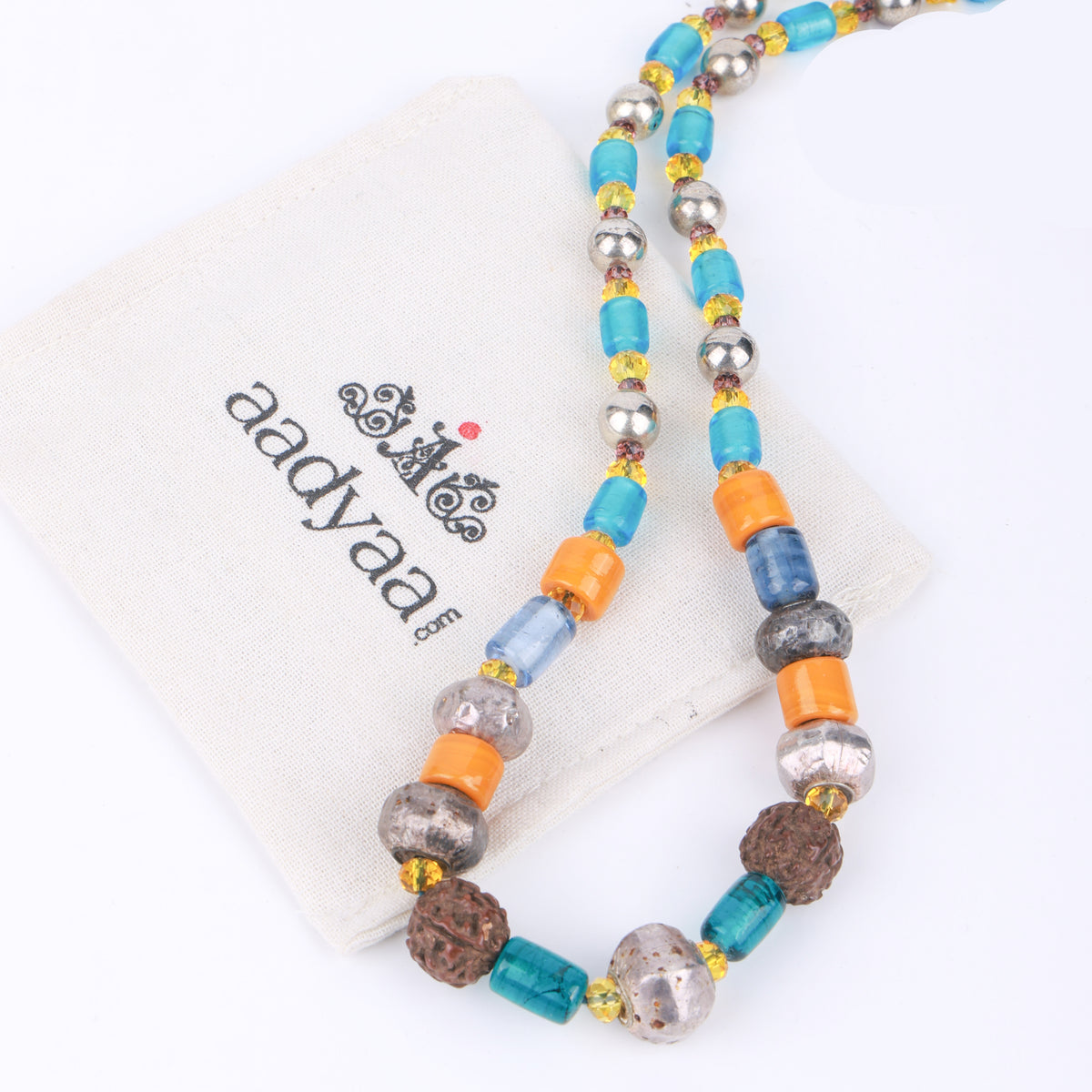 German Silver Necklace with Sea Blue & Yellow Glass Beads