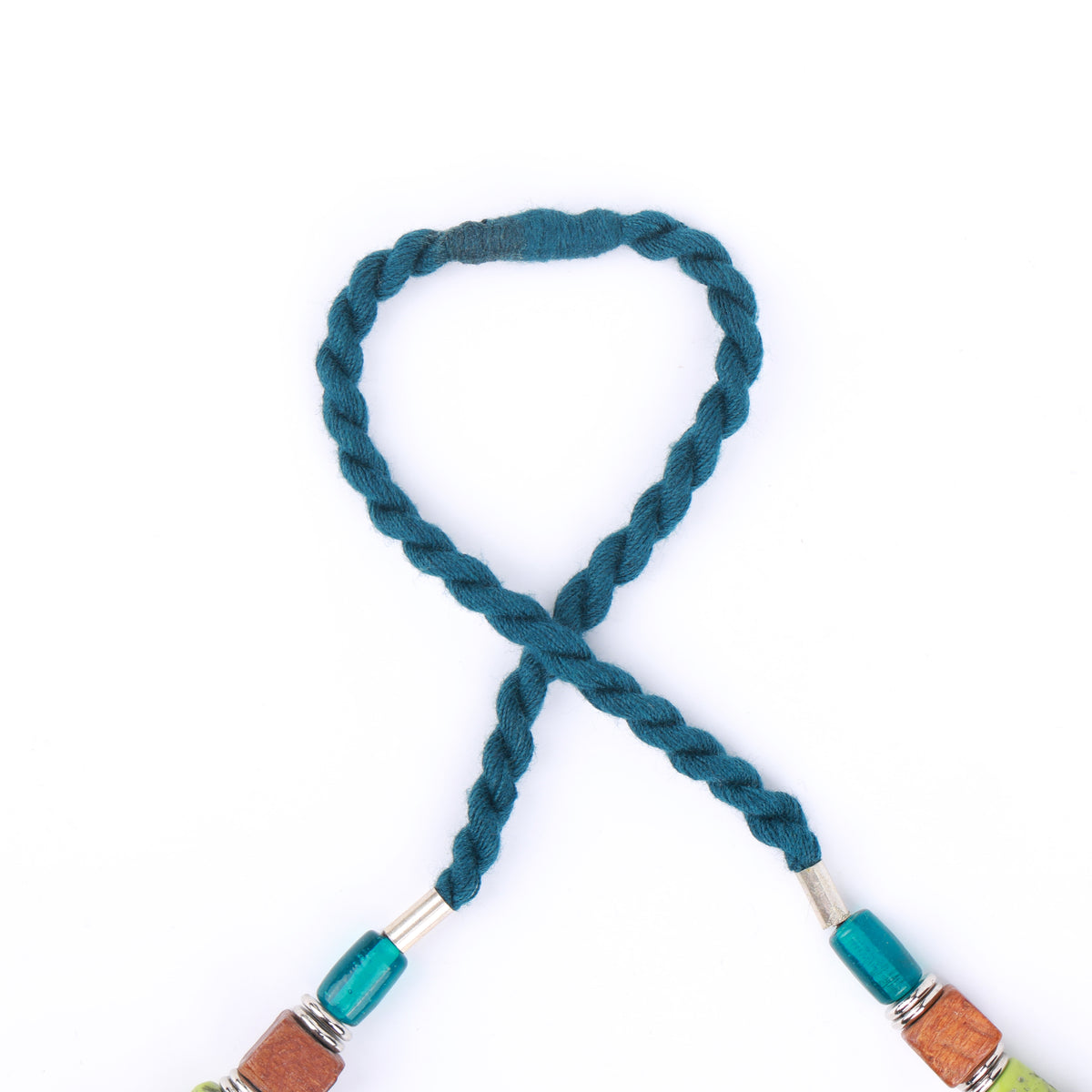 Light Blue & Green Glass Beaded Necklace with Wooden Beads