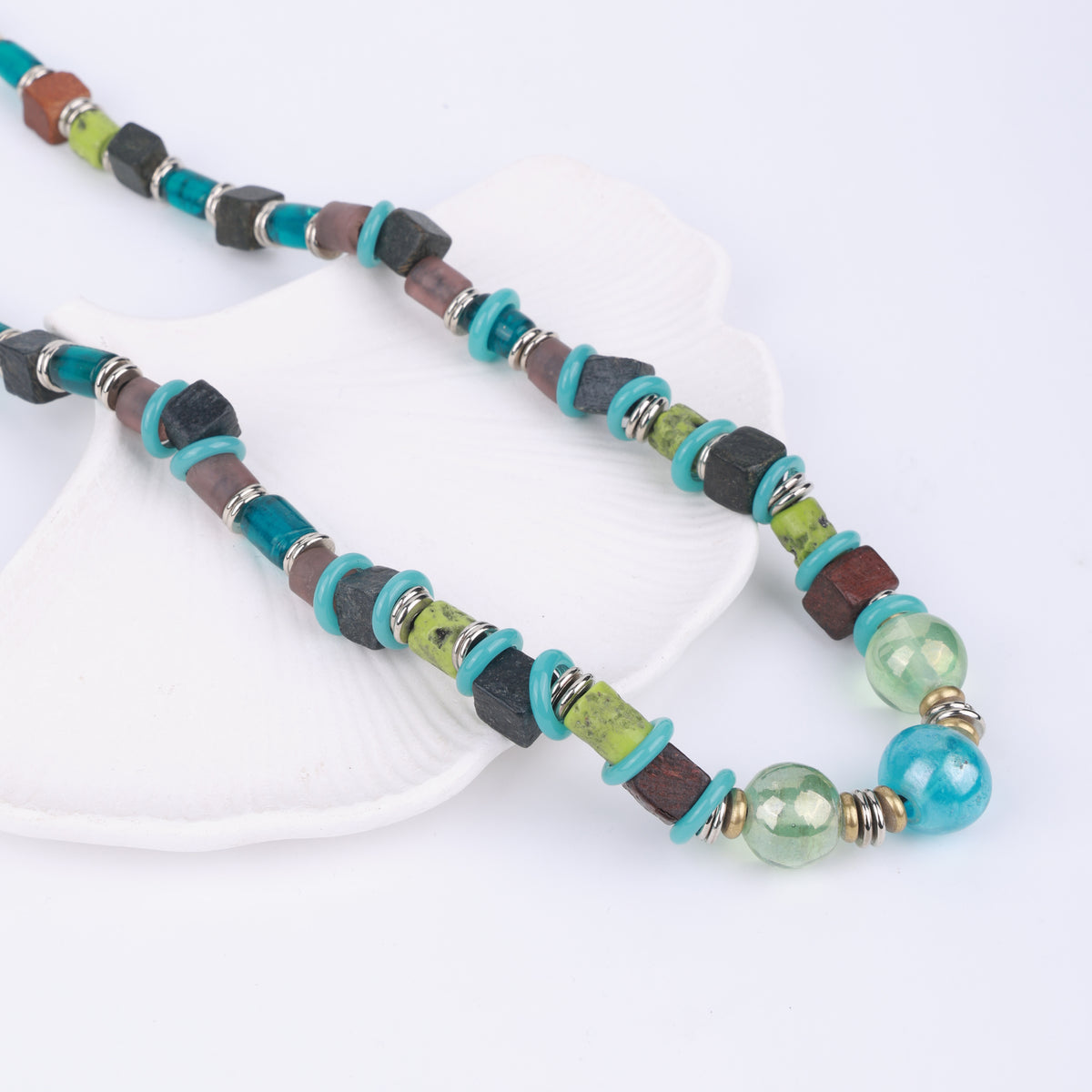Light Blue & Green Glass Beaded Necklace with Wooden Beads