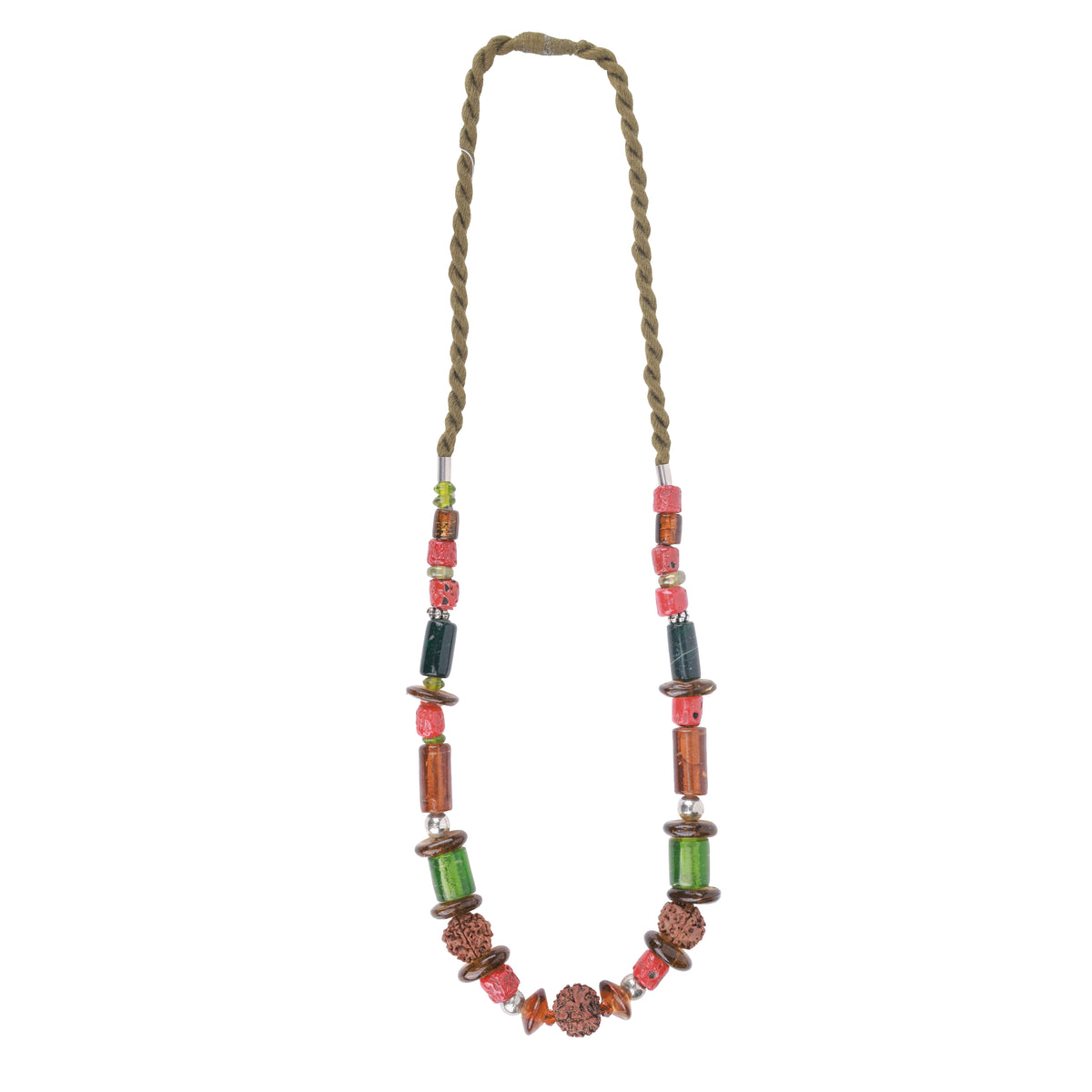 Rudraksha Necklace with Coral & Glass Beads