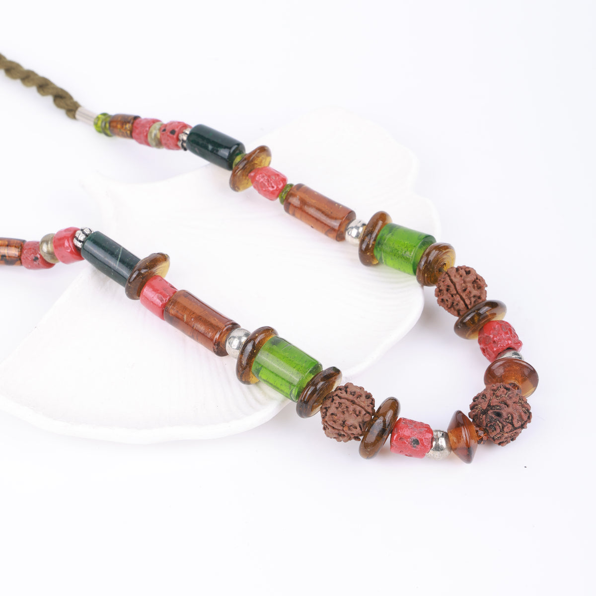Rudraksha Necklace with Coral & Glass Beads