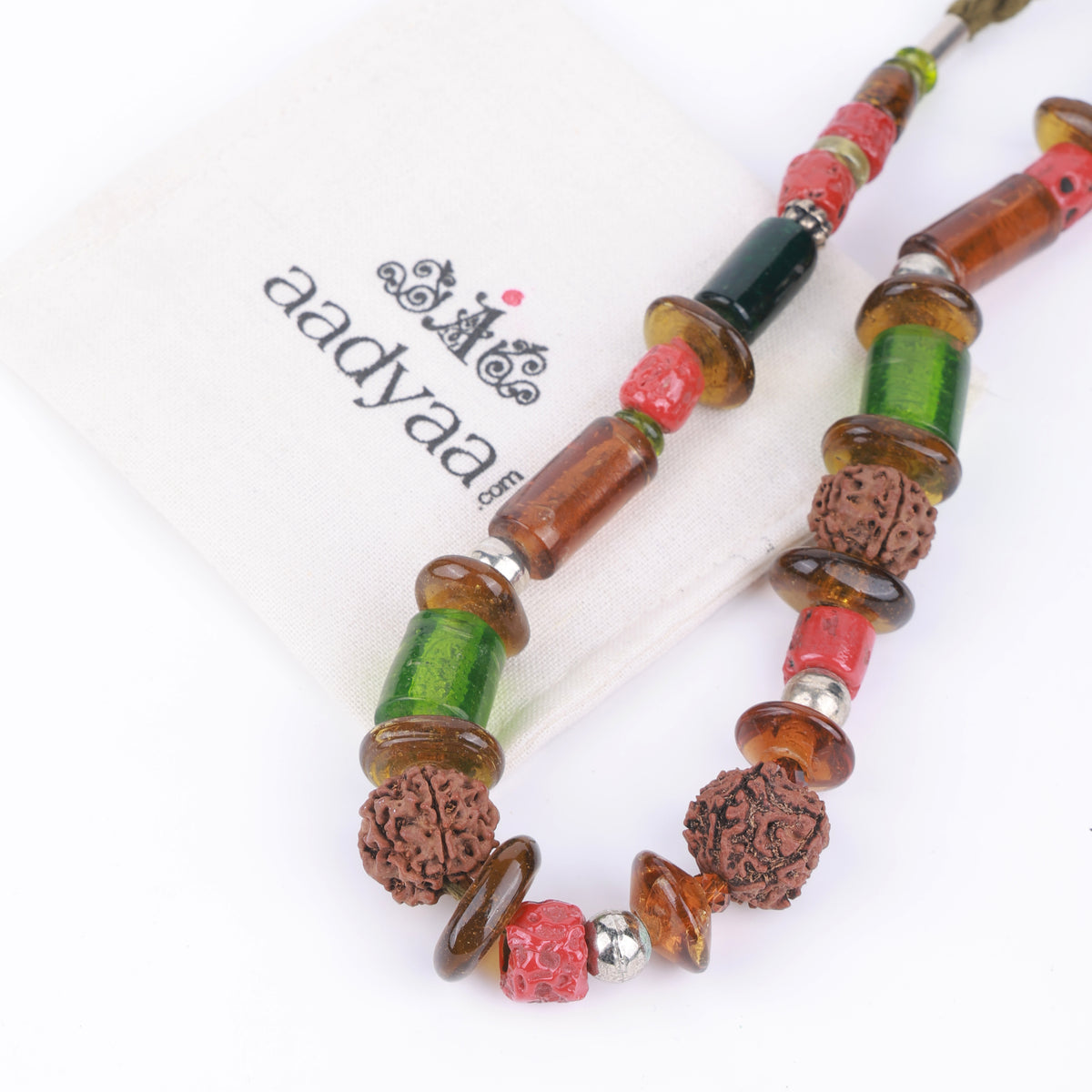 Rudraksha Necklace with Coral & Glass Beads